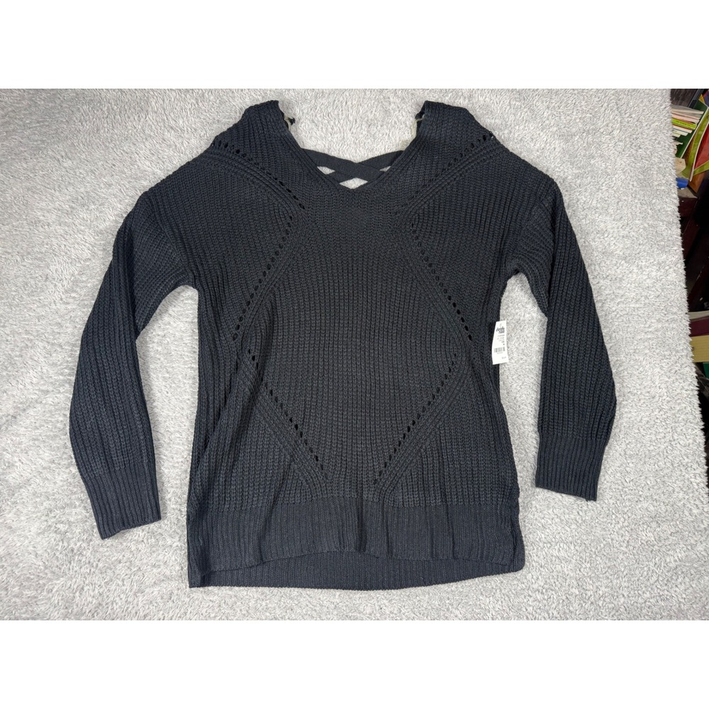 Charlotte Russe Sweater Womens Medium Black NWT Pointelle Strappy Back 818126